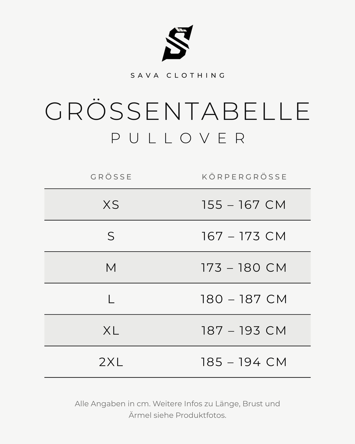 Größentabelle Pullover