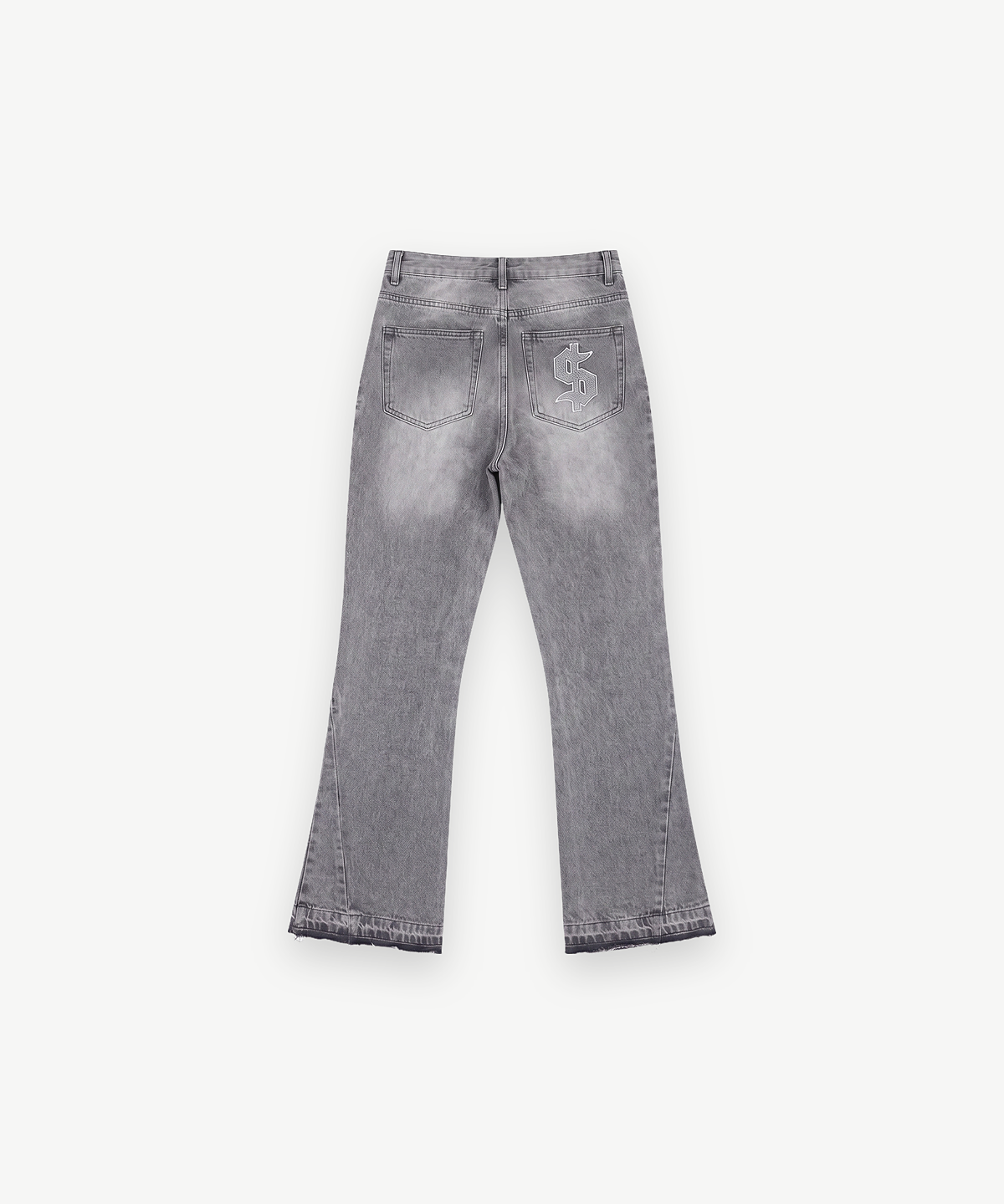 GOLDEN - FLARED JEANS in Washed Grey, Rückansicht mit gesticktem $ auf der Gesäßtasche