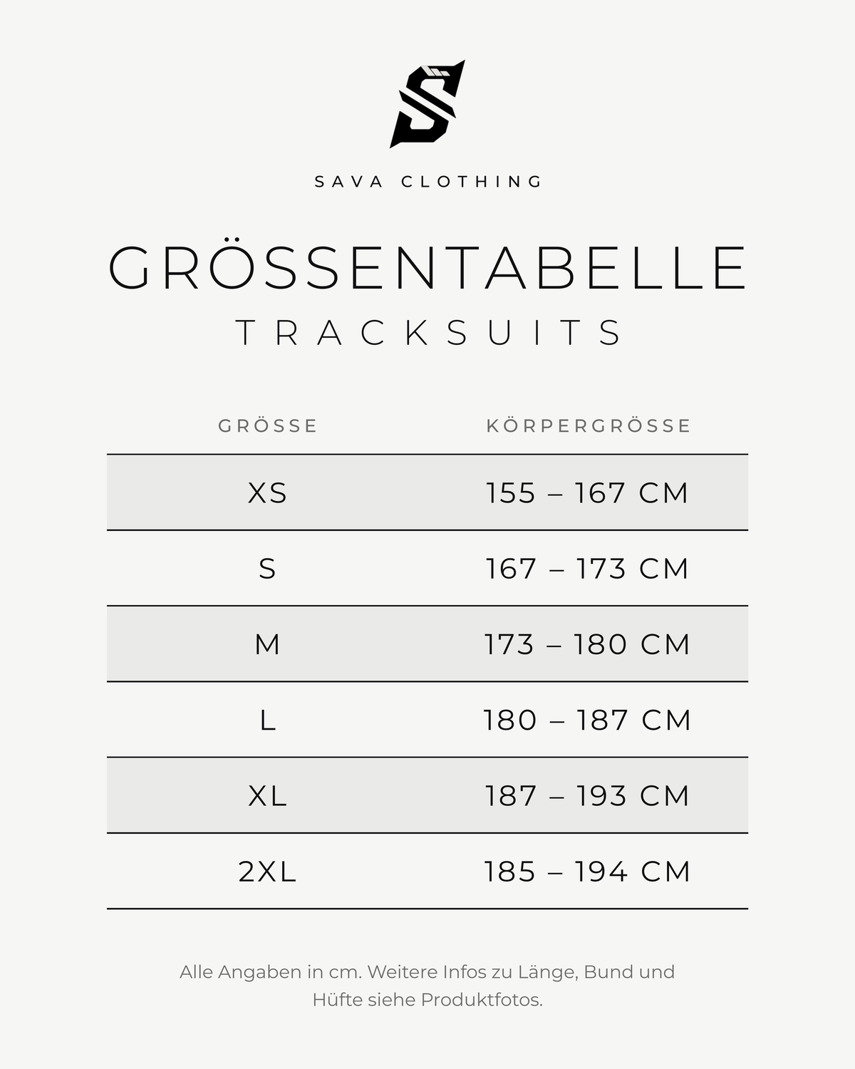 Größentabelle Tracksuits