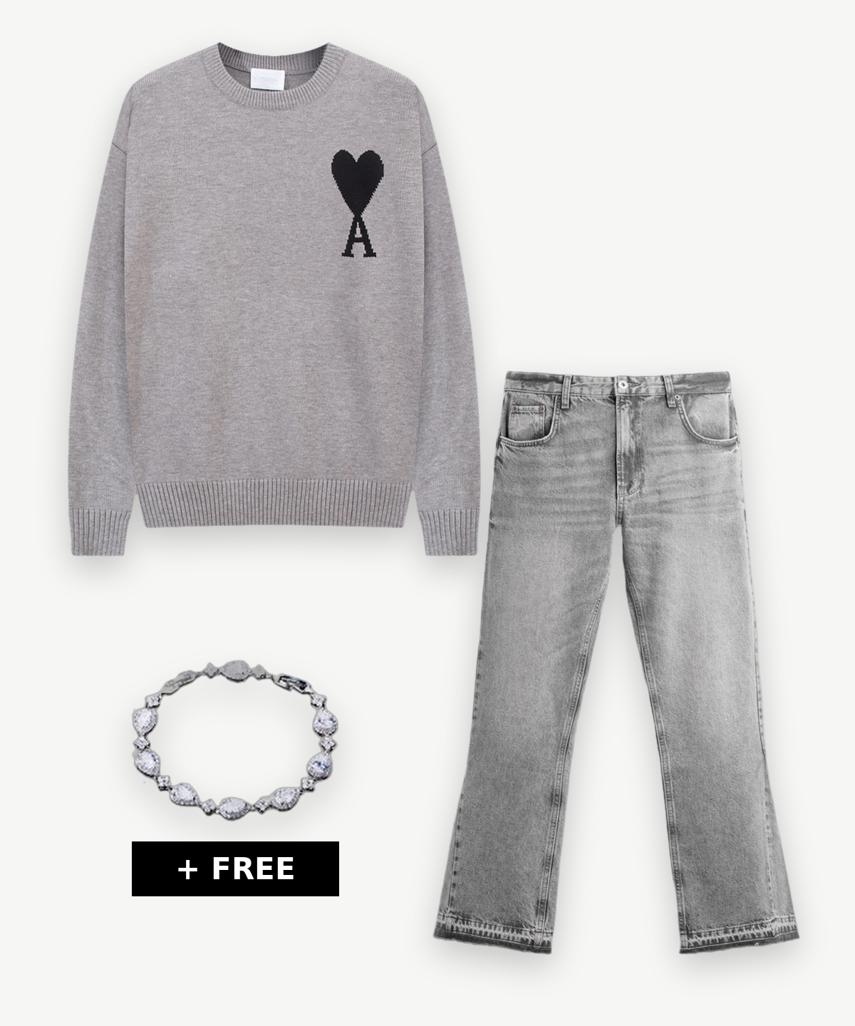 MISTY - OUTFIT: grauer Sweater mit schwarzem Herz-Logo, graue ausgewaschene Bootcut-Jeans und kostenloses Armband