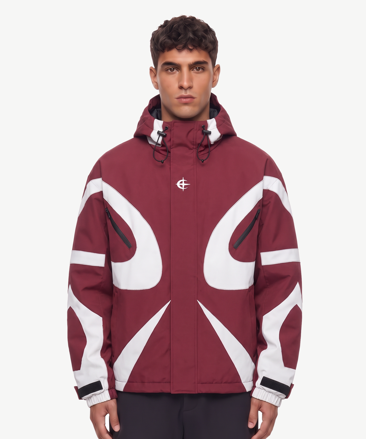 VERTEX - JACKE in Rot, getragen von einem Model, Colorblock-Kapuzenjacke im Oversize-Schnitt